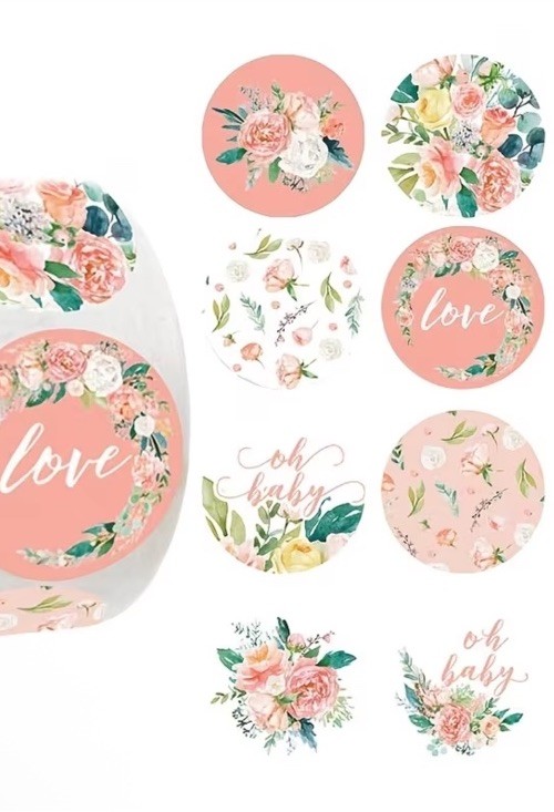 40 PCs Round 1” Pink Floral Baby Shower Stickers Oh Baby