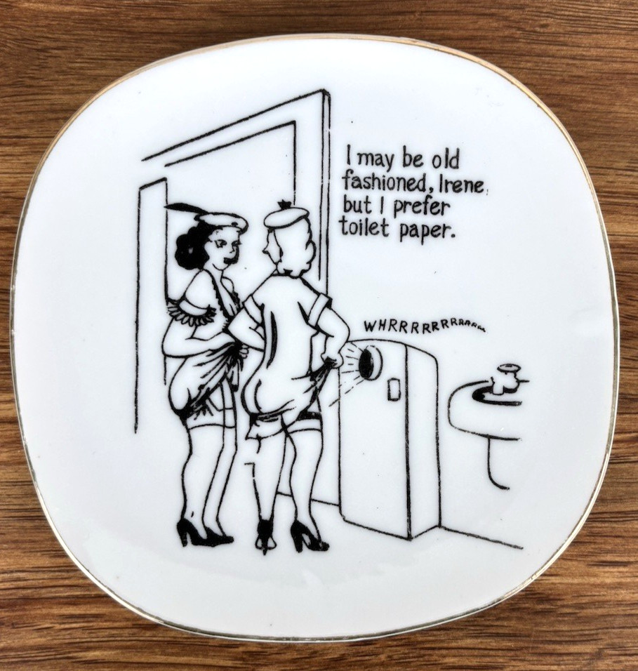 Naughty Humor Trinket Dish Midcentury Risque Gag Cartoon 5″ Gold Rim Plate