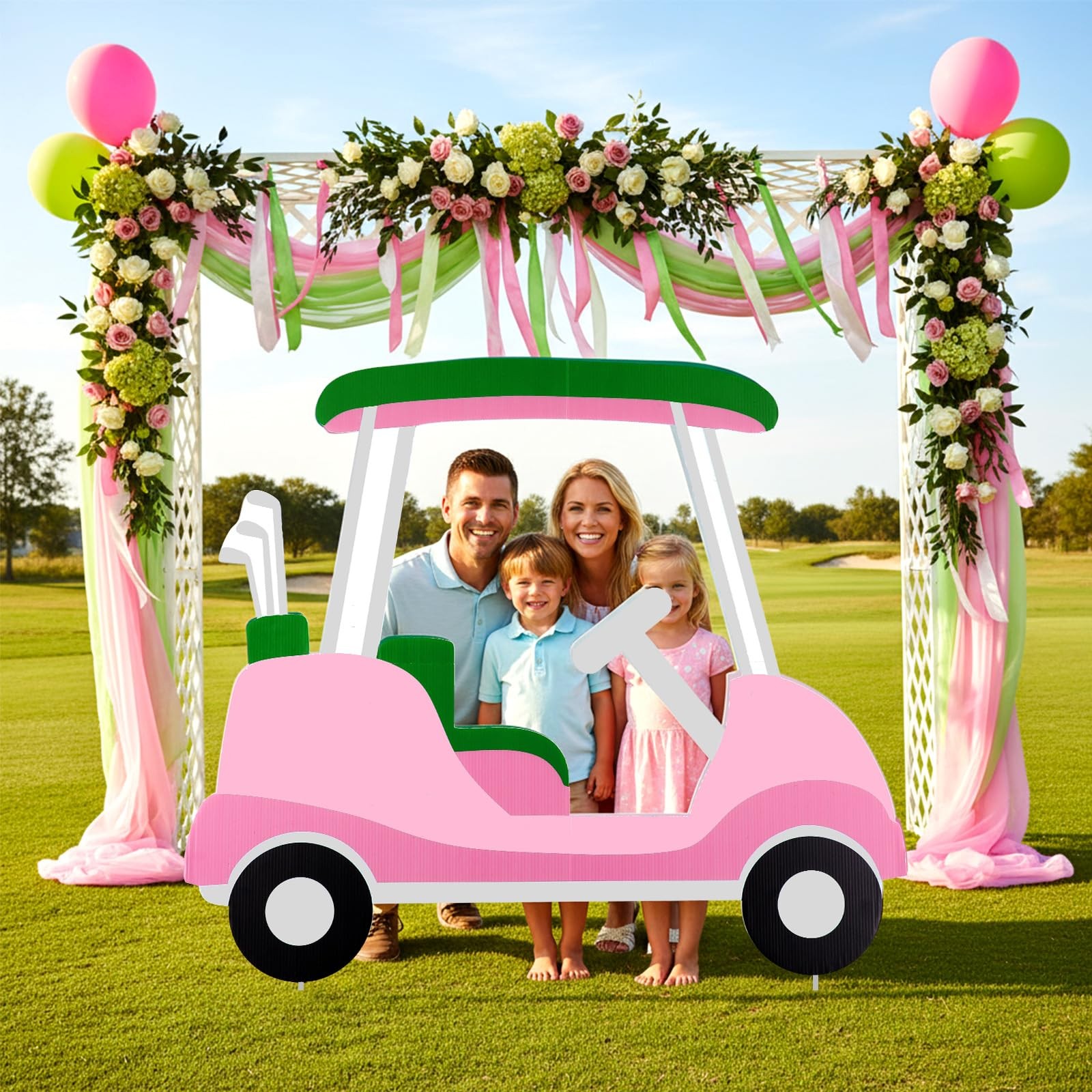 Pink Golf Cart Cutout Cardboard Backdrop Photo Booth Props Party Decoration