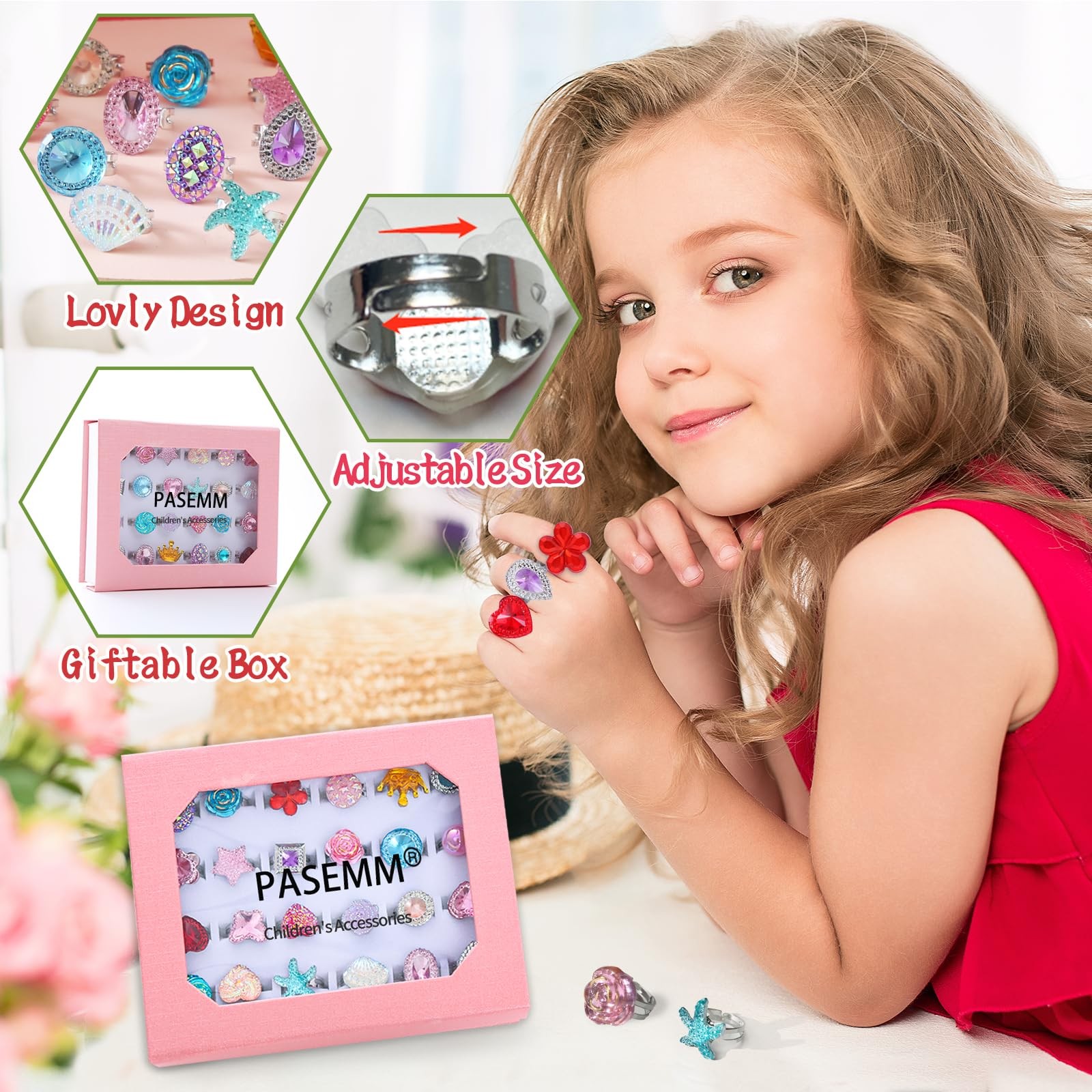 PASEMM 24pcs Little Girl Jewel Rings, Adjustable, No Duplication Kids Play Ri…