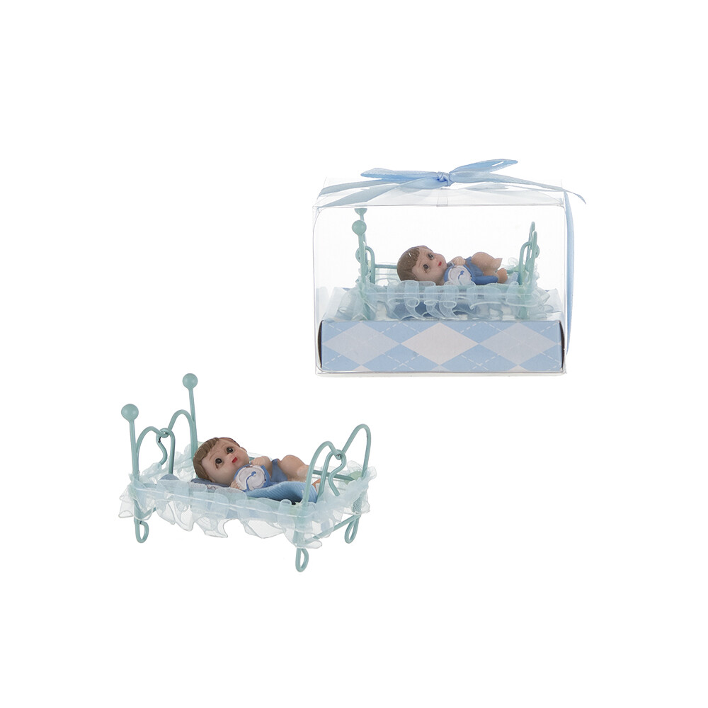 Mega Favors – Baby Boy Laying on Frame Bed Poly Resin – Blue, 12PCS
