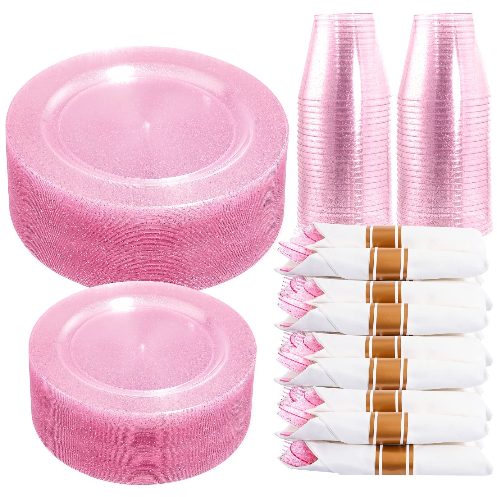 Dayammi 350Pcs Rose Gold Glitter Dinnerware Set 50 Guest For Party- 50 Pink