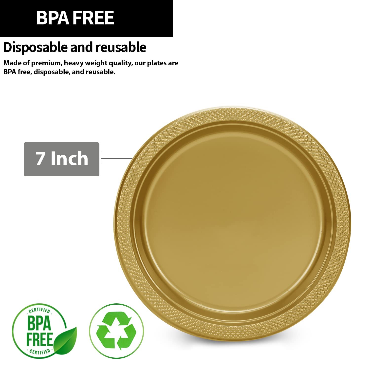 50-Count Gold 7-inch Plastic Appetizer Plates Heavy Weight for Parties Events