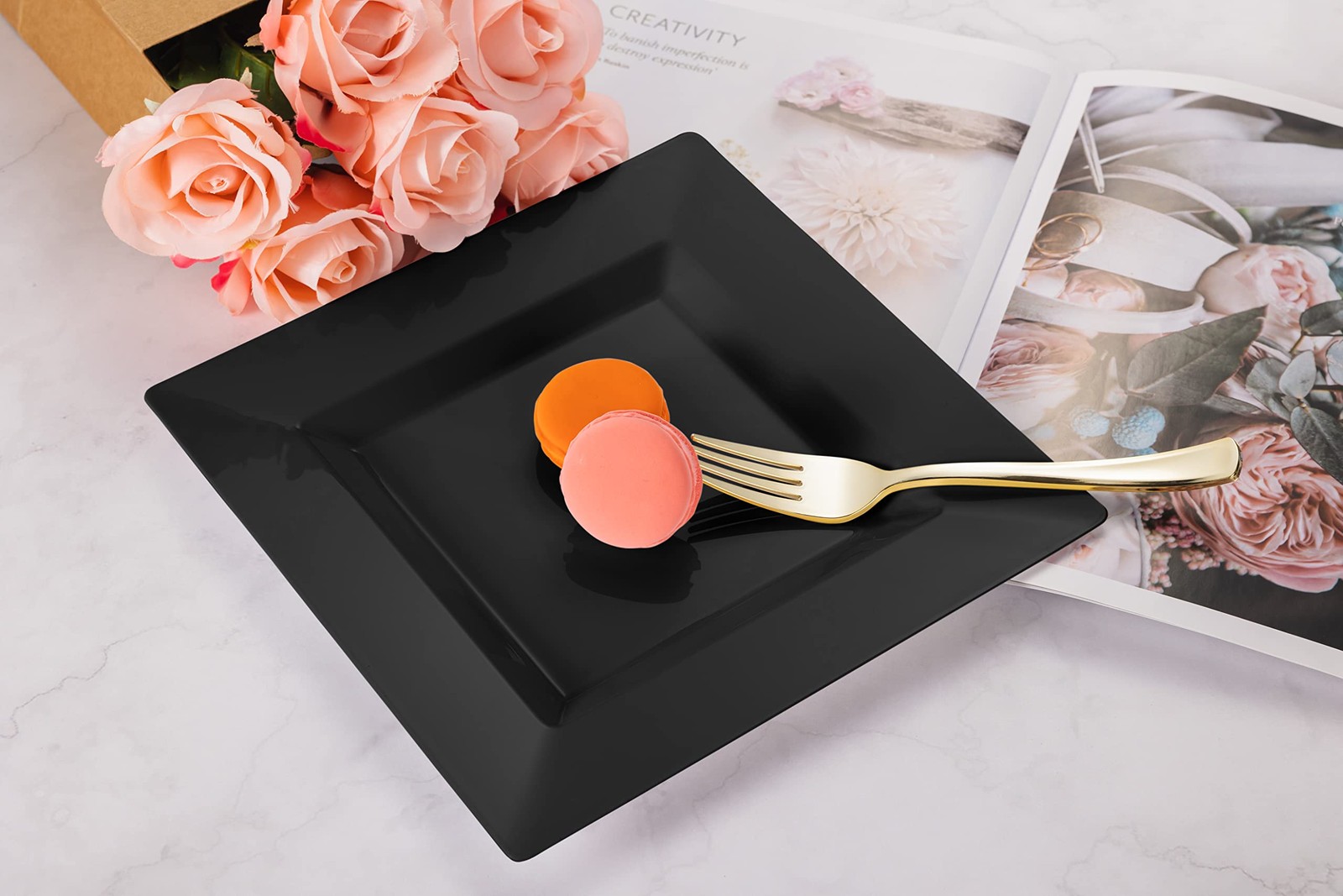 BloominGoods Plastic Disposable Square Dessert Plates | 50-Pack 6.5 inches Bl…