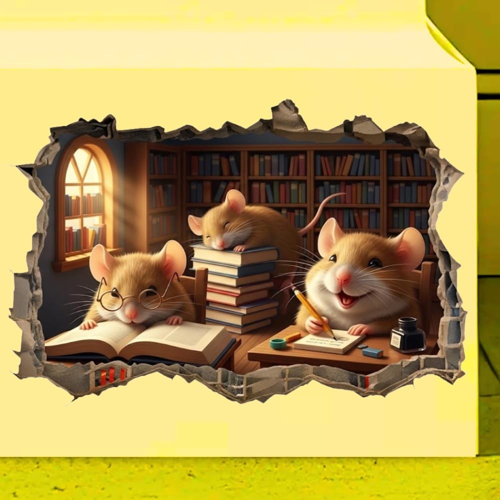 Cozy Mouse Wall Decal, 3D Fireplace Scene Decorative Sticker, Vinyl Home D�cor