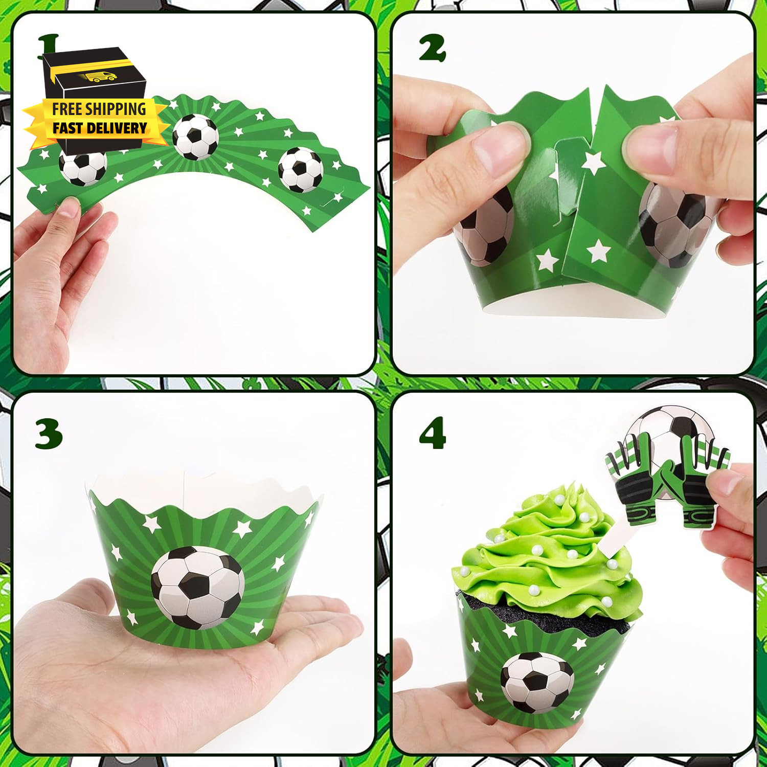 48 Pack Soccer Cupcake Toppers and Wrappers, Soccer Ball Party Cake Decoration f
