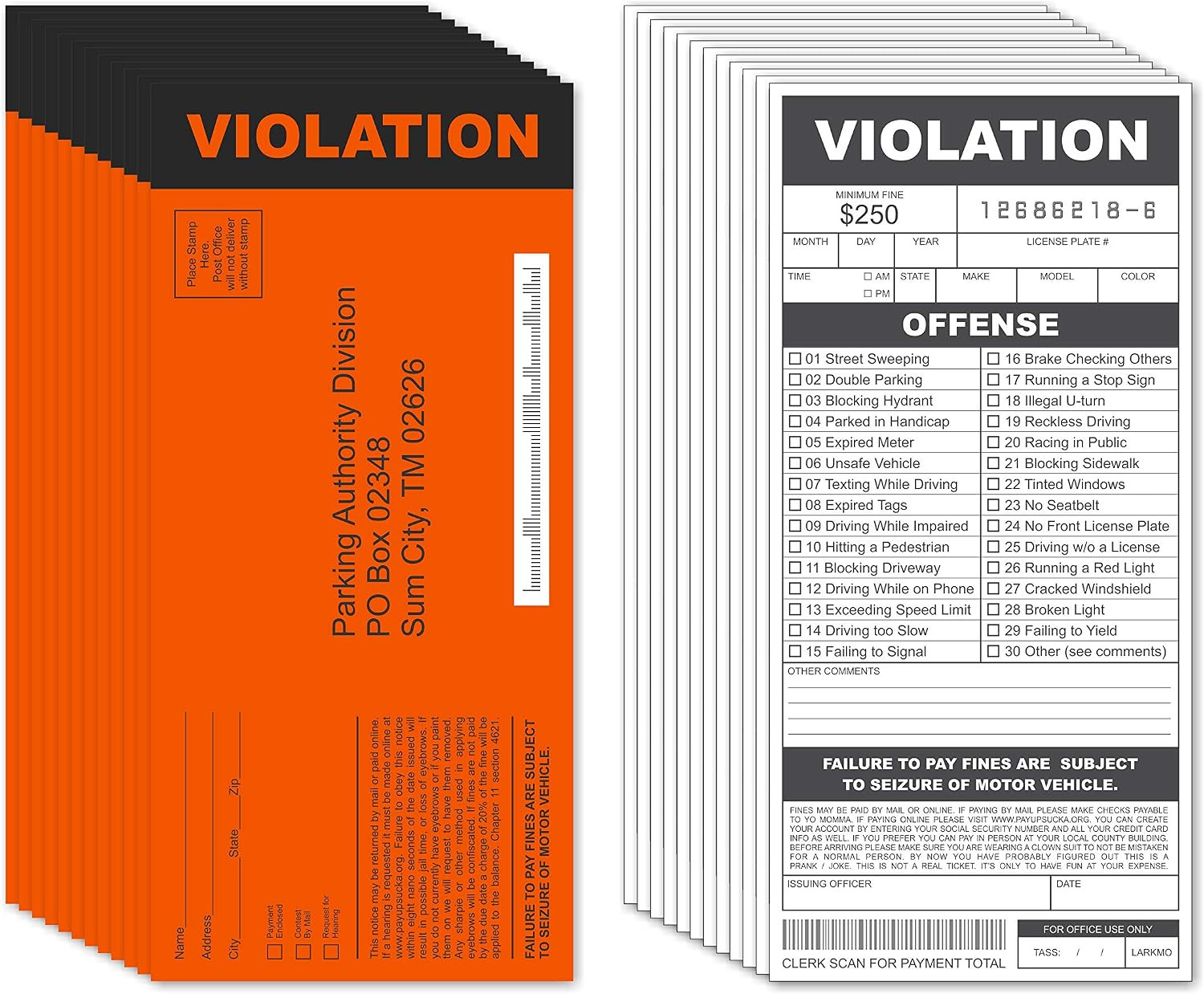 Fake Parking Tickets Prank – Qty 25, Joke Violation Parking, Funny Gag